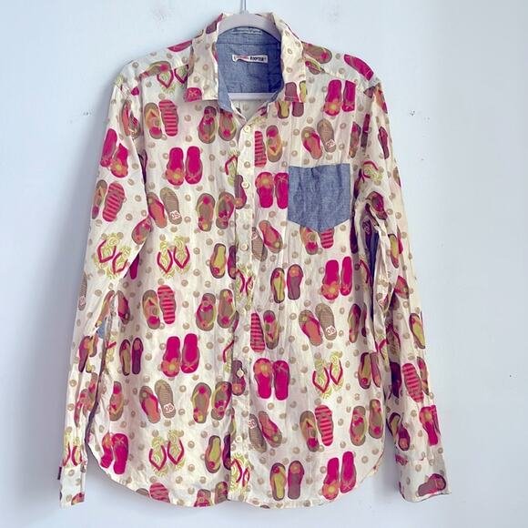 Raging Rooster flip flop sandal print long sleeve button down elbow patch shirt - Picture 1 of 6